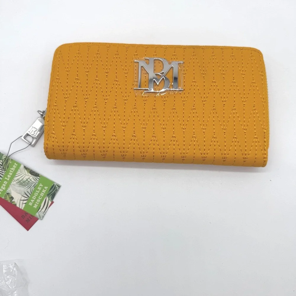 Badgley Mischka Yellow Quilted Vegan Leather Long Wallet Zip‎ Around Clutch